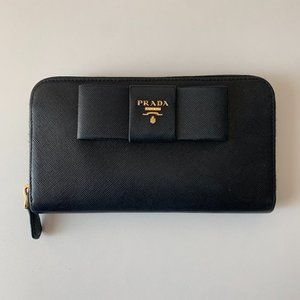 Prada Black Bow Zip Around Wallet Saffiano Leather Long